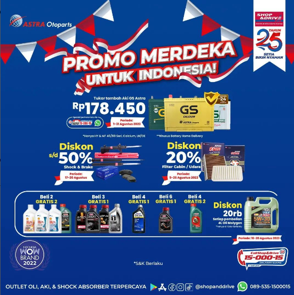 Promo Merdeka Shop & Drive 2023: Diskon Aki, Filter, Shock & Brake, dan Oli!
